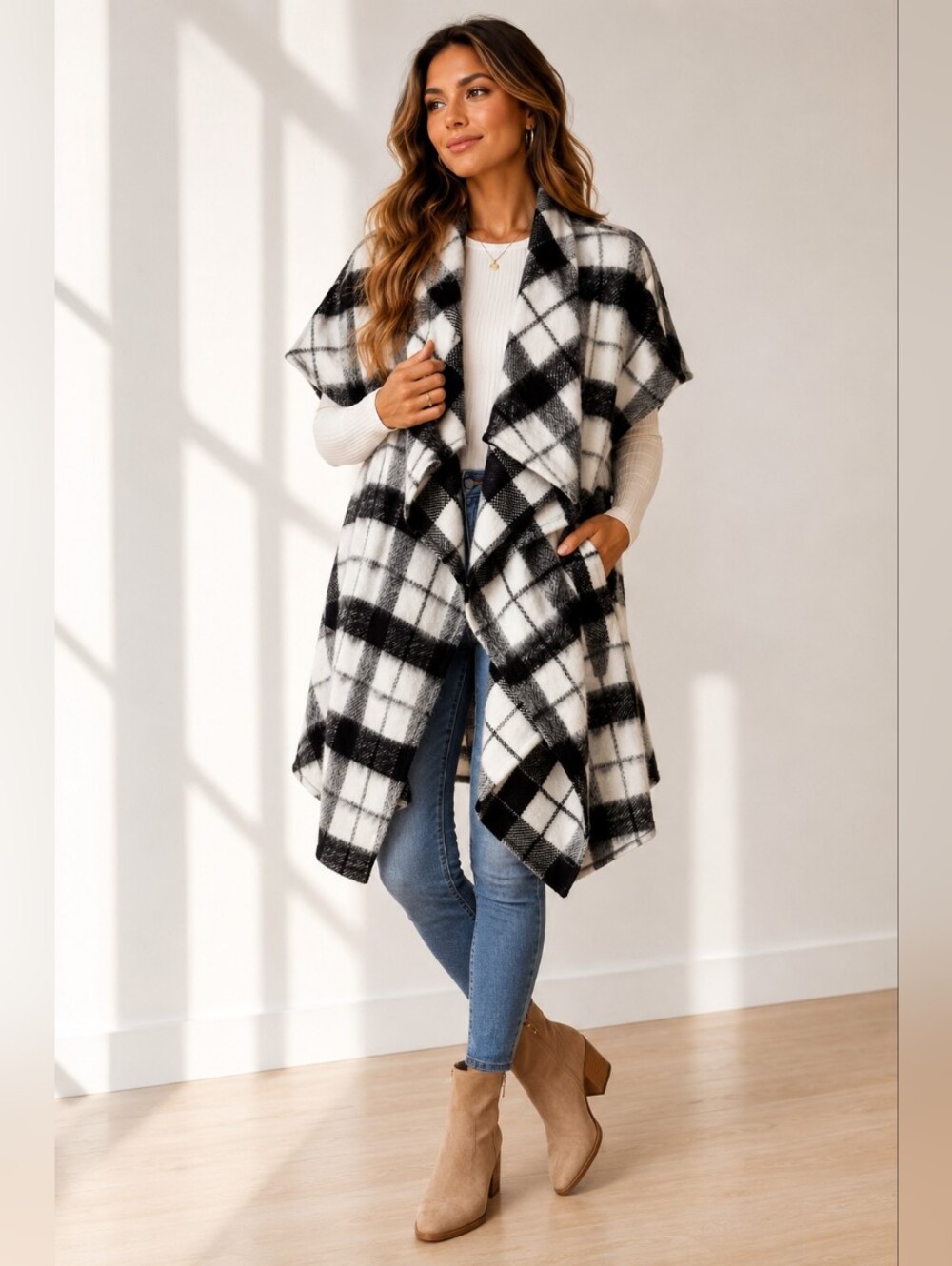 Lucky Brand Black White Plaid Open Front Cardigan Vest Size M/L